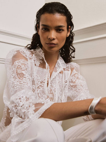 RS Demi Sheer Lace Tie-Neck Blouse Top