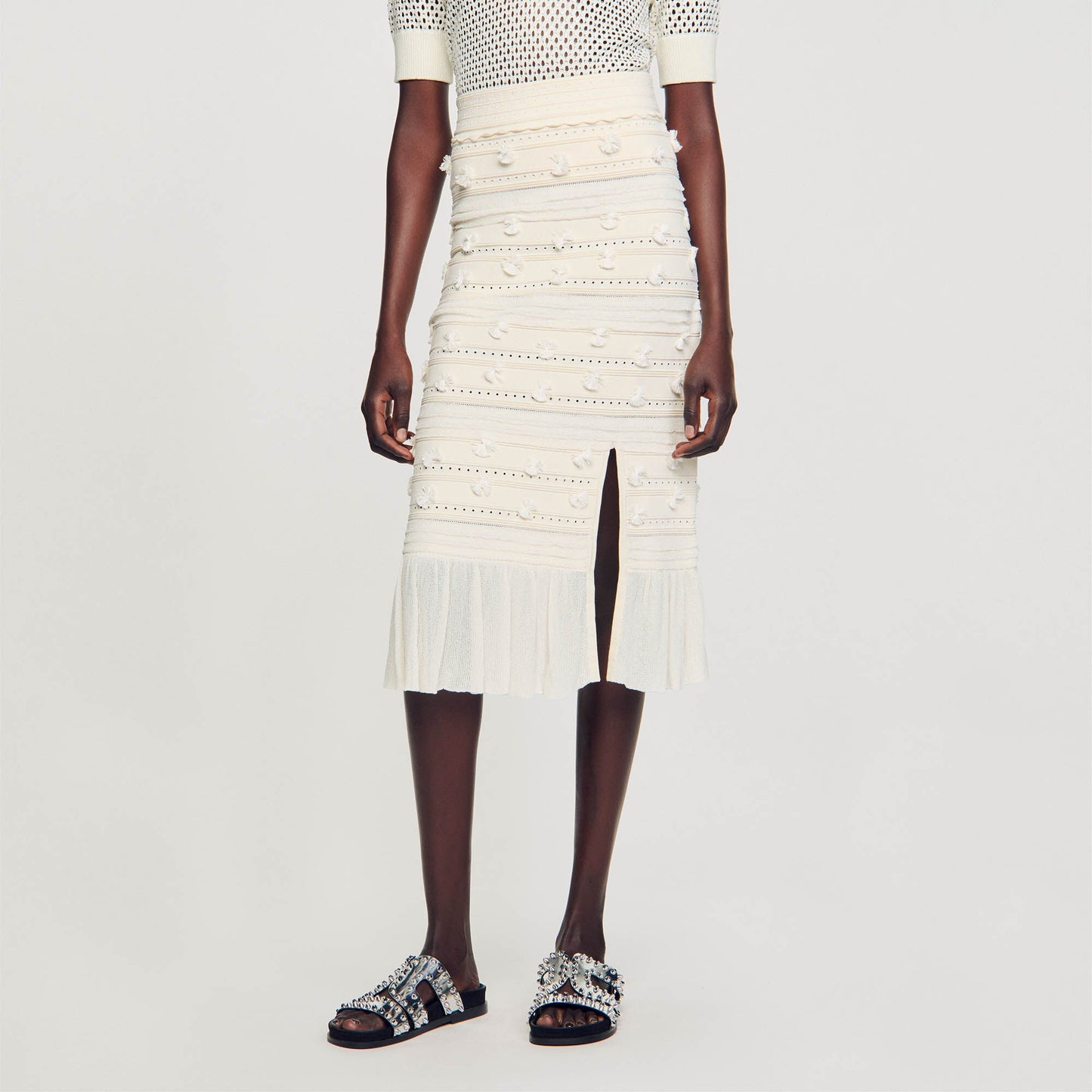 SD Iman Knit Crop Top | Imanie Openwork Knit Midi Skirt | Tassel Appliqué Set