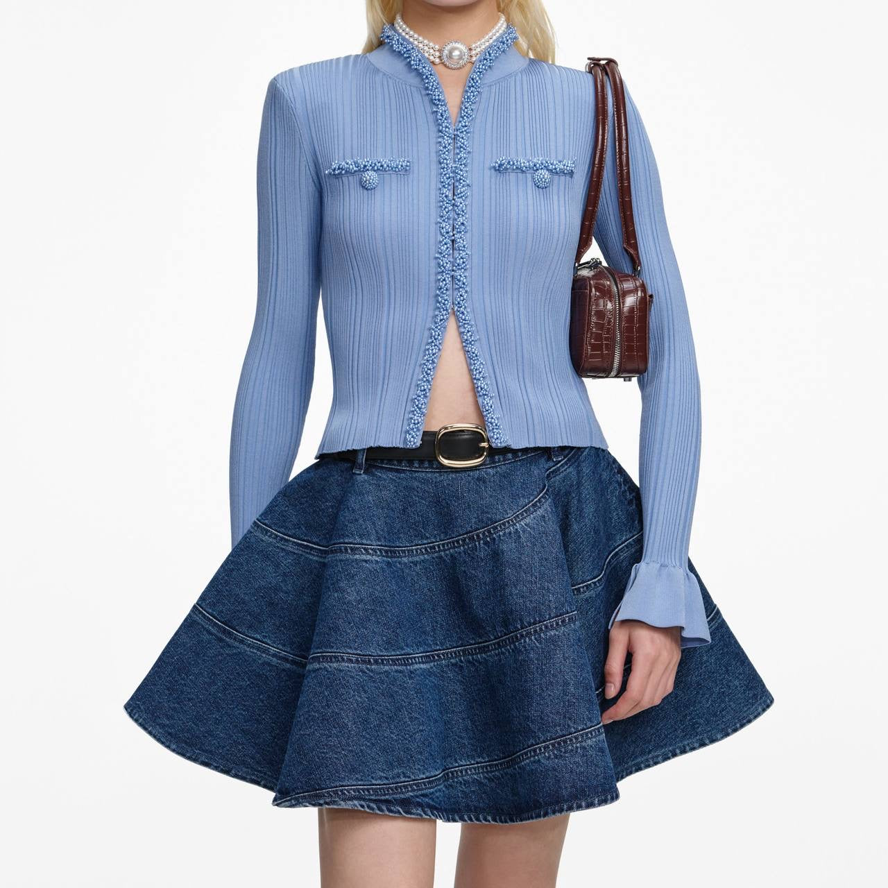 SP Blue Pearl Trim Knit Cardigan | Mini Skirt | Set