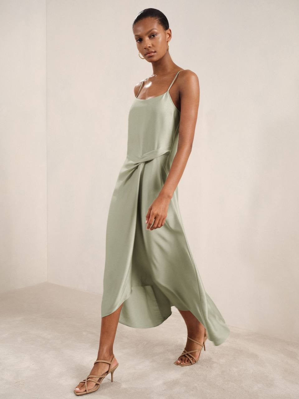 RS Zoey Satin Drape Detail Slip Midi Dress