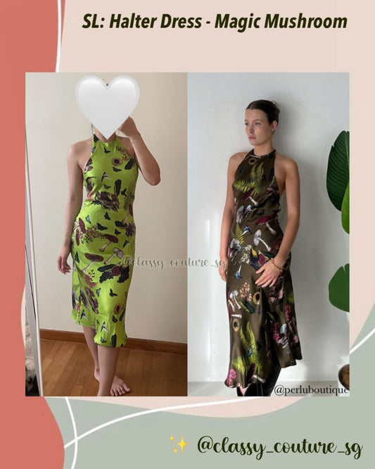 SL Halter Midi Dress in Magic Mushroom Fern Green & Dark Earth Brown Silk