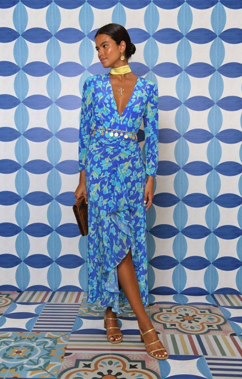 RX Rose Floral Print Silk Midi Dress