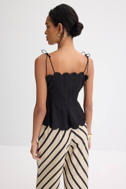 HFM Marabelle Shirt | Petra Shorts | Yara Cami Strap Top | Cotton-Linen Black Scallop-detail Set
