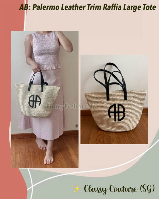 AB Palermo Leather Trim Raffia Straw Large Tote Bag