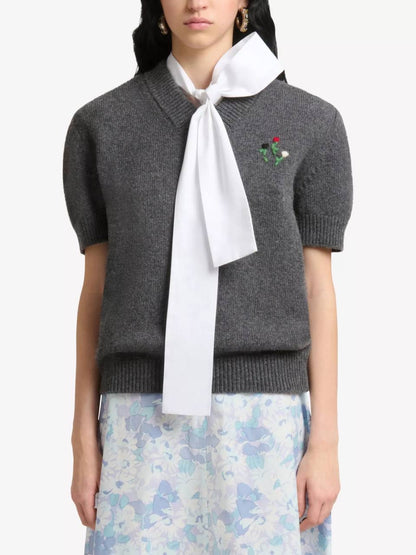 MM Grey Flower-Embroidered Short-Sleeve Wool-cashmere Jumper Top