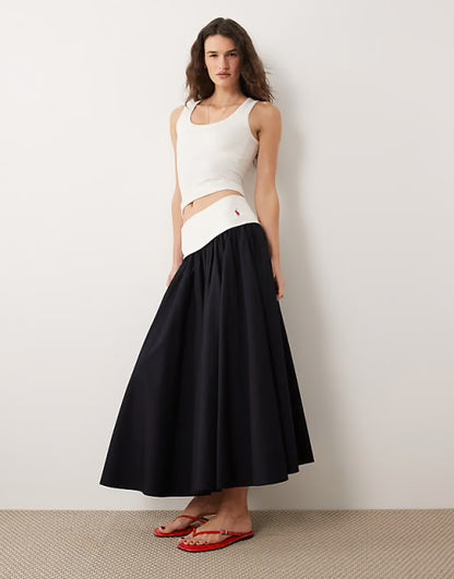 RL Panelled Woven Drop-waist Contrast Cotton A-line Midi Maxi Skirt