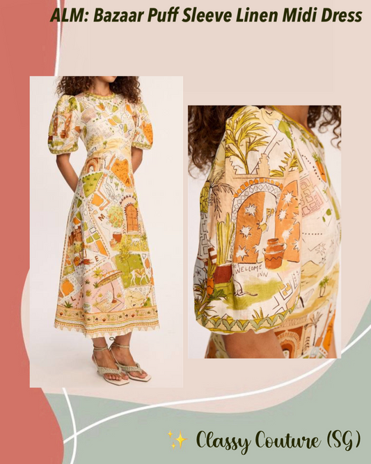 ALM Bazaar Puff Sleeve Linen Midi Dress