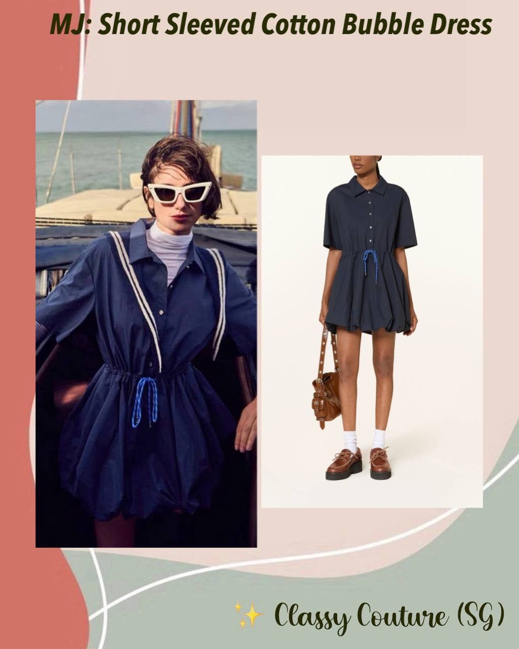 MJ Romimita Short-Sleeved Cotton Bubble Drawstring Mini Dress Shirtdress