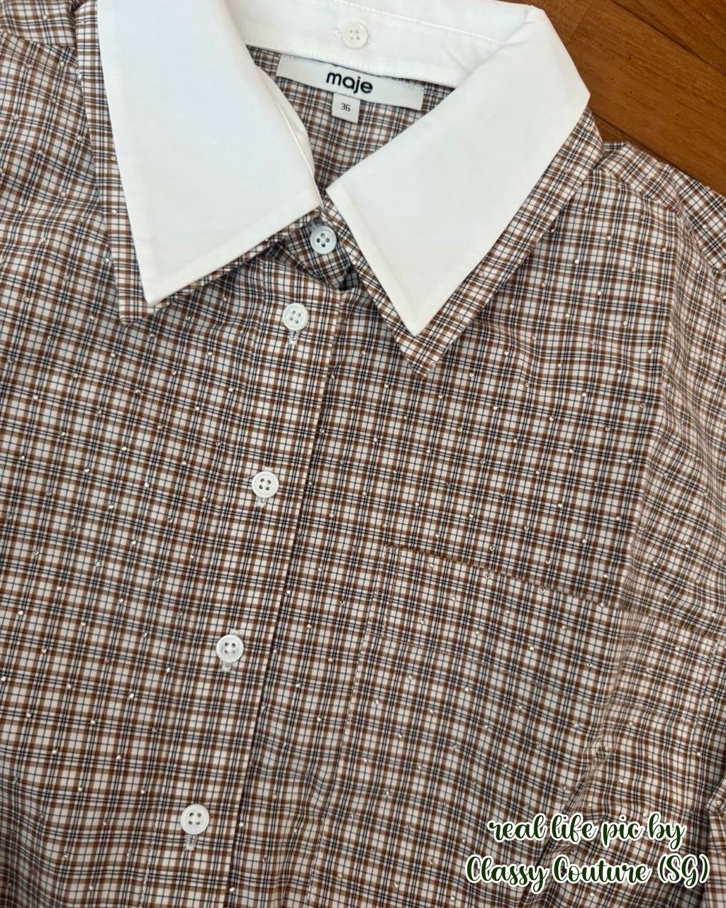 2 Colors! MJ Ritilona Rhinestone Checked Cotton Mini Dress Shirtdress Romper Playsuit (removable contrast collar)