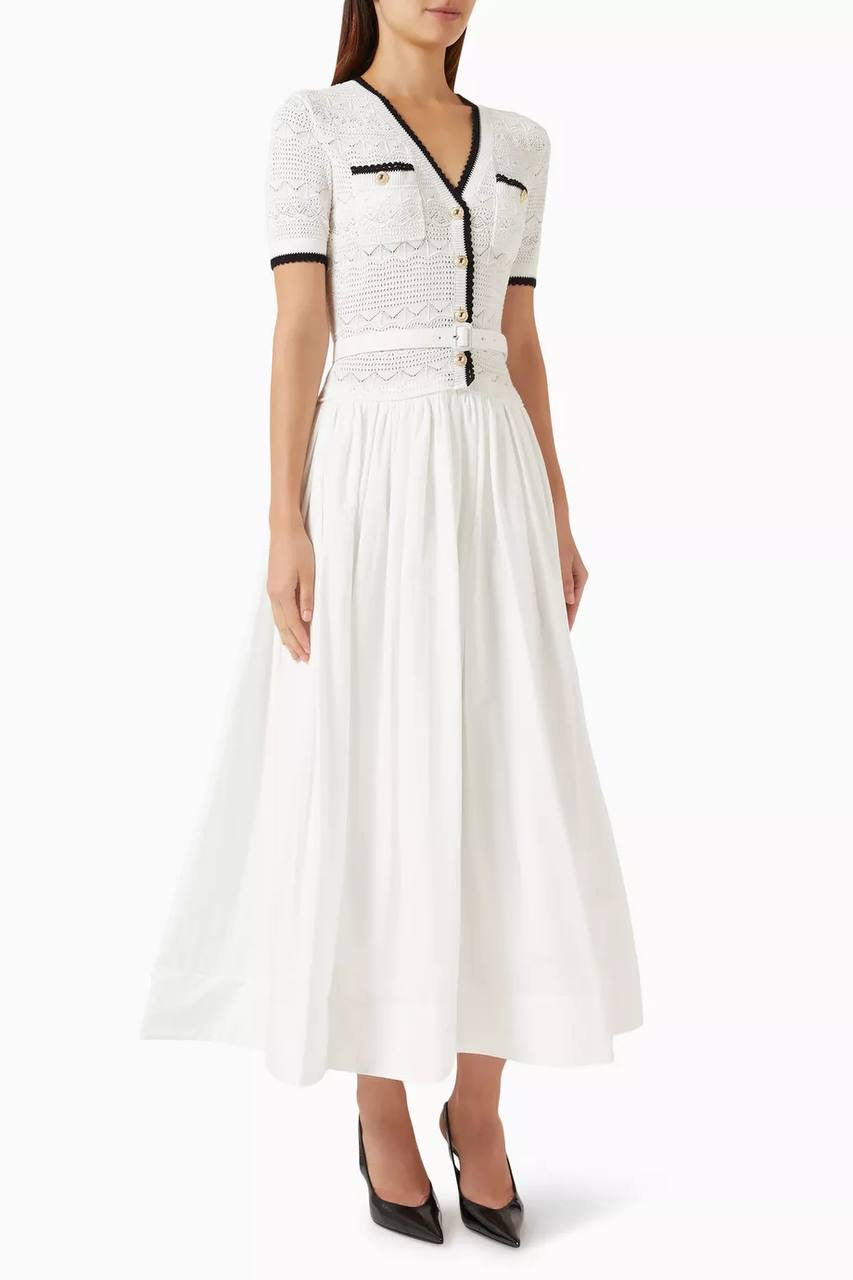 White Cotton-blend Pointelle Knit Drop-waist Midi Dress