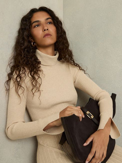 RS Vinette Ribbed Funnel Neck Belted Midi Dress