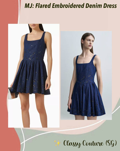 MJ Robradito Flared Embroidered Denim Mini Dress