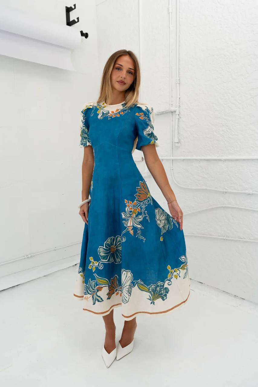 ALM Luda Floral Puff Sleeve Linen Midi Dress