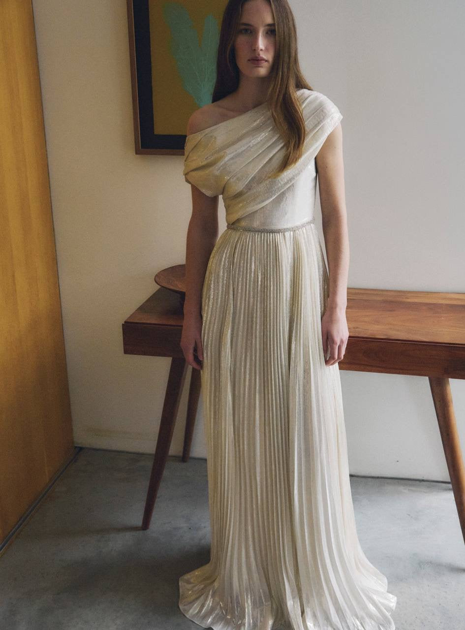 SP Champagne Metallic Chiffon One Shoulder Maxi Dress