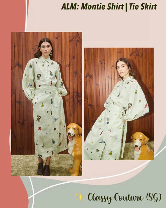 ALM Montie Embroidered Linen Shirt | Tie Wrap Midi Skirt | Set