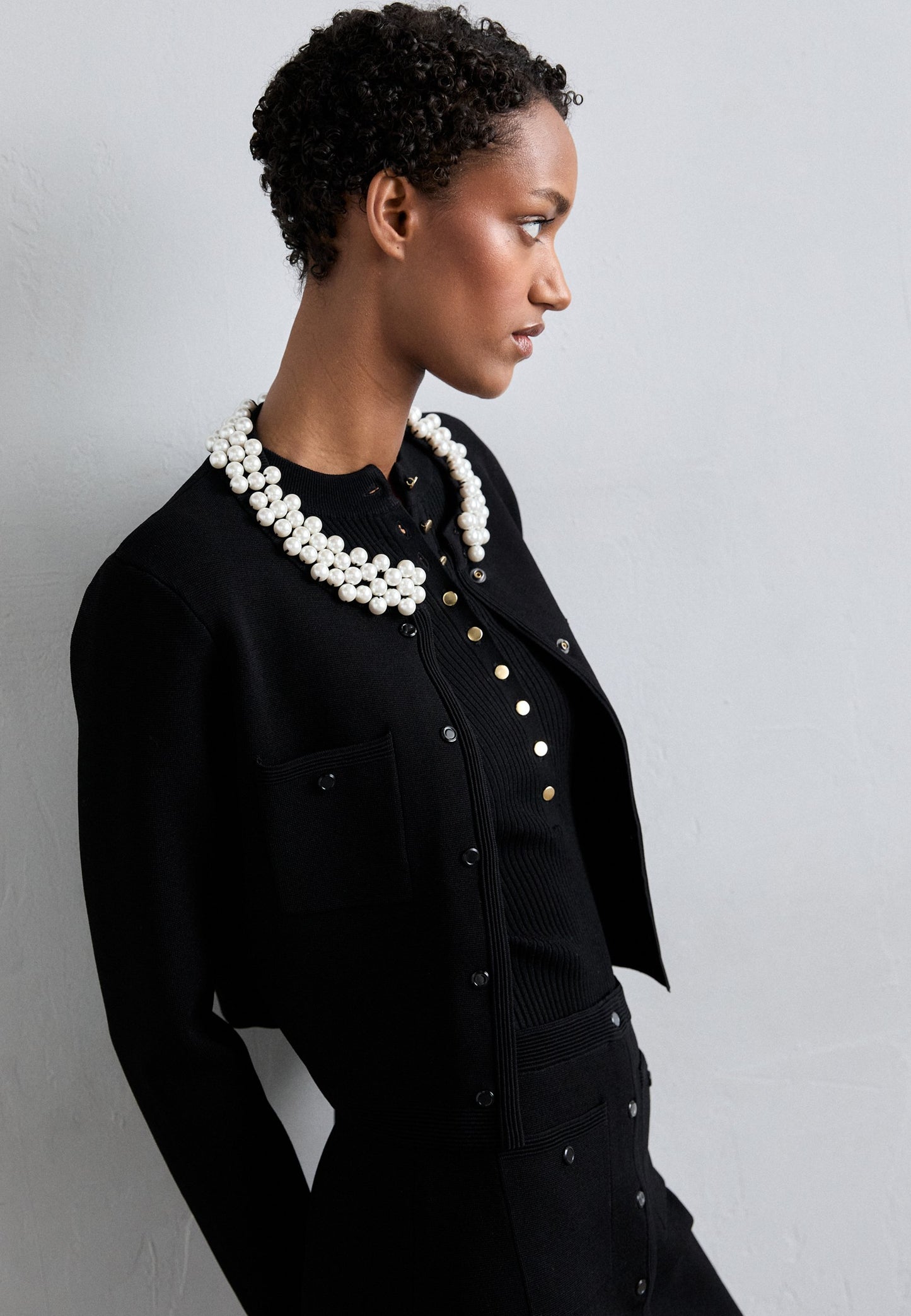 SD Cardigan with Pearl Beaded Collar | Short Knit Mini Skirt | Set