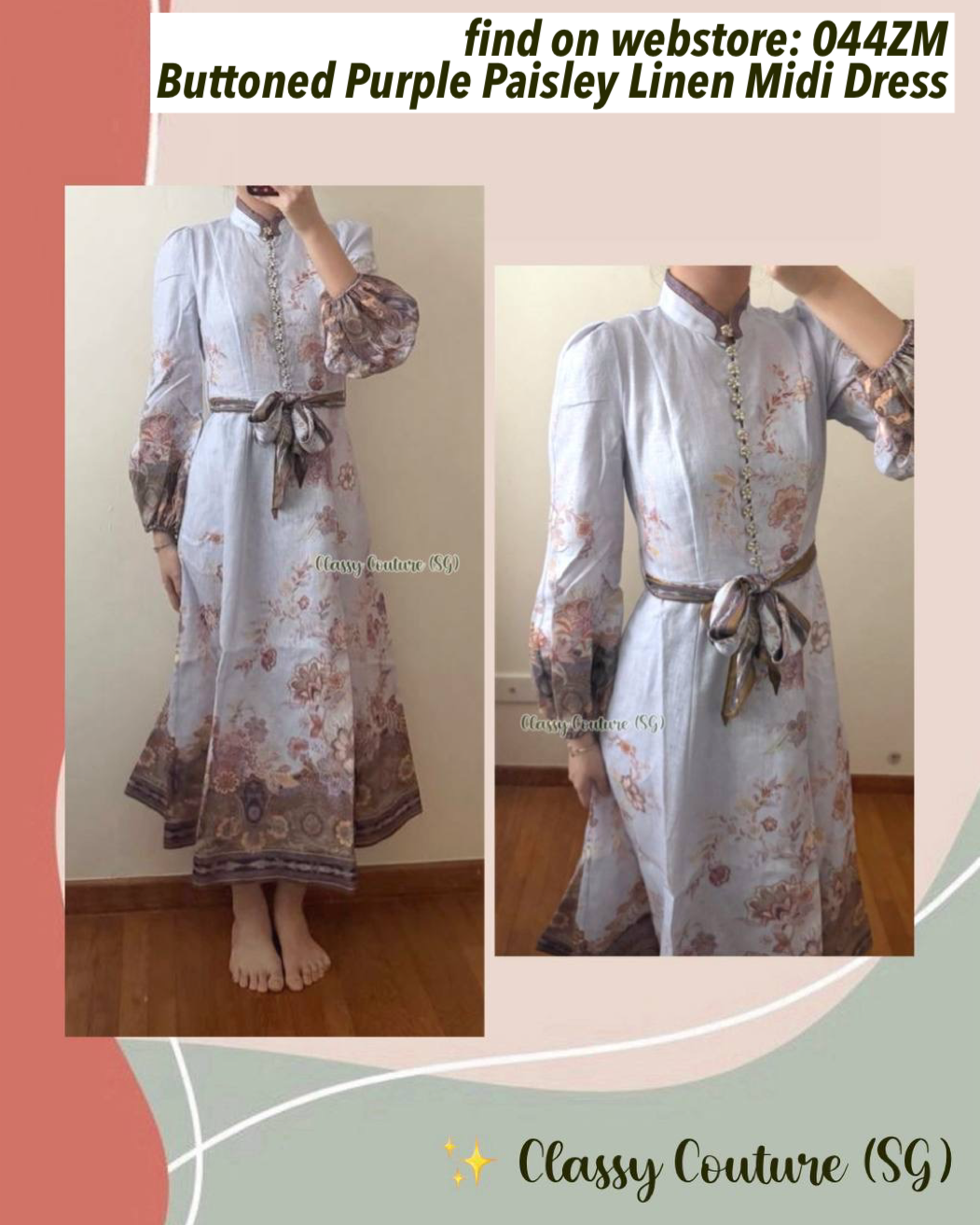 044ZM Buttoned Purple Paisley Linen Midi Dress