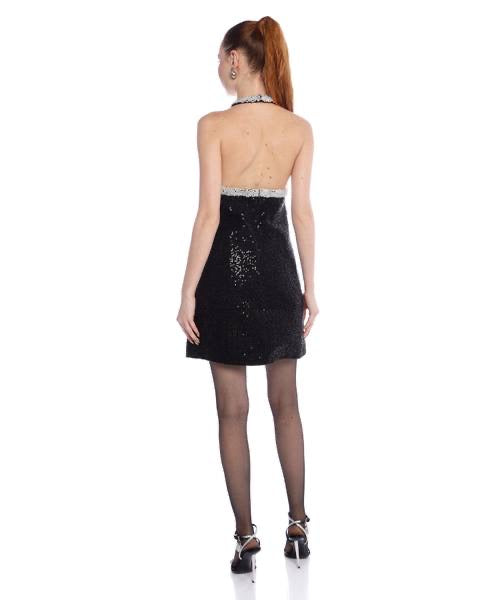 SP Black Metallic Pearl Trim Halter Boucle Mini Dress