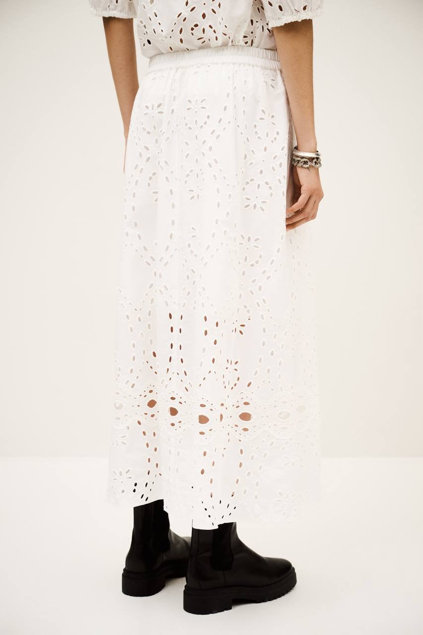 BA Bela Embroidered Eyelet Flared Organic Cotton Midi Skirt