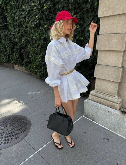 HS The Summer White Overshirt Oversized Shirtdress Shirt | White Shorts w Vintage Swiss Embroidery | Cotton Set
