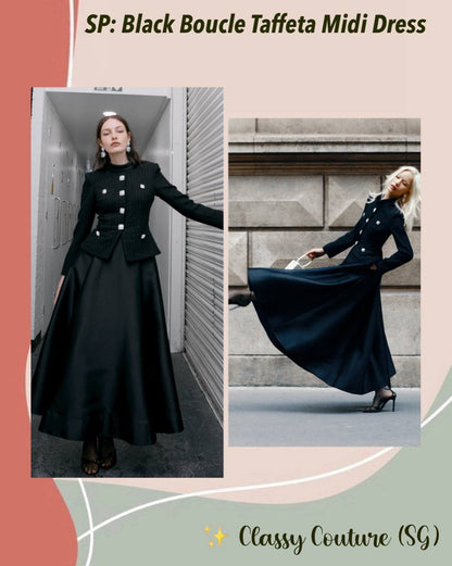 SP Black Boucle Taffeta Long Sleeved Midi Dress