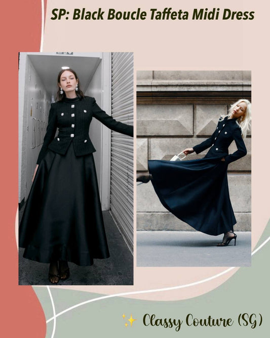 SP Black Boucle Taffeta Long Sleeved Midi Dress