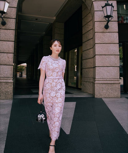 SP Pink Fine Lace Pearl Embellished Midi Dress