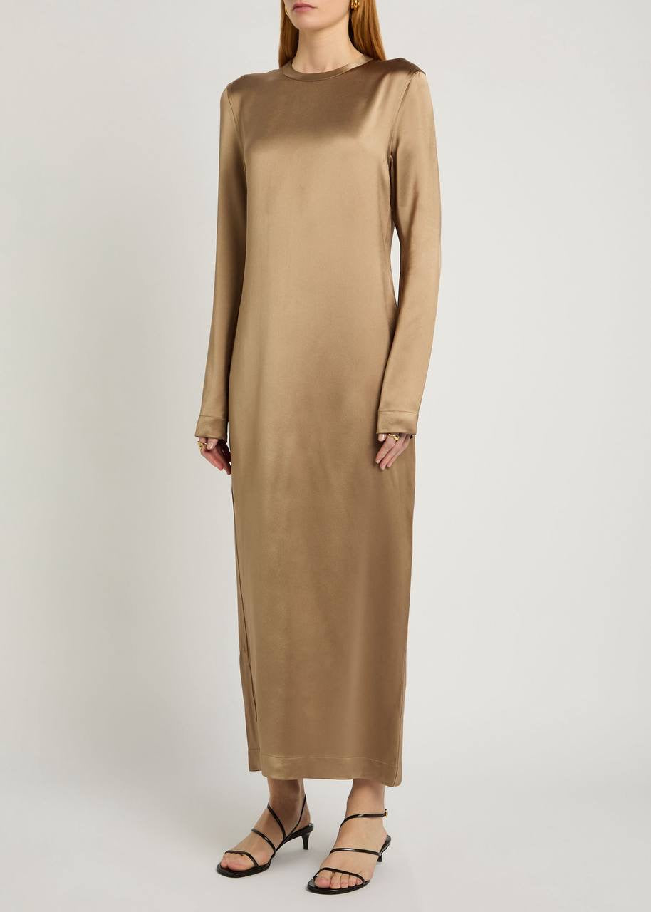 TOT Viscose Satin High-Neck Long Sleeve Midi Maxi Dress