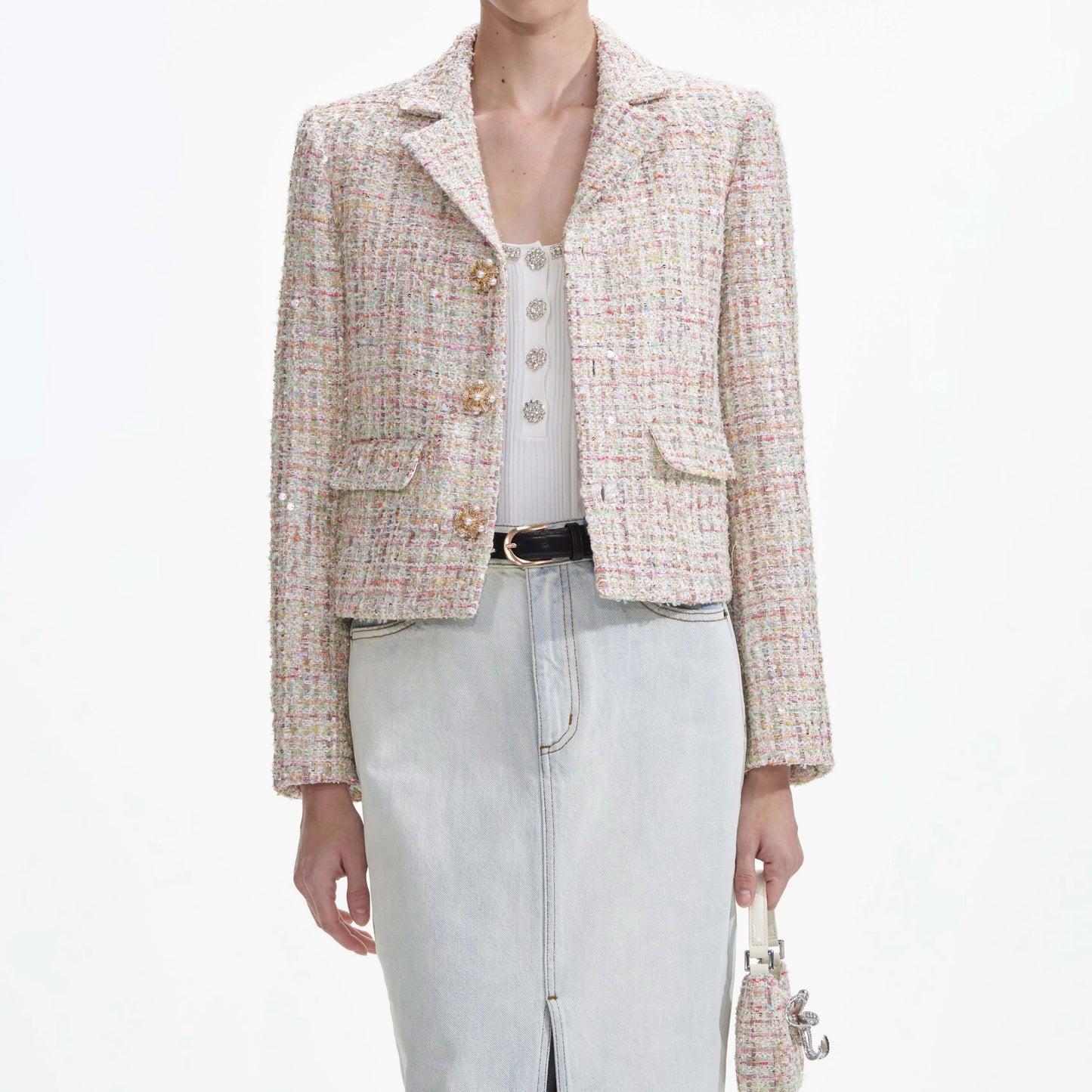 SP Pastel Boucle Jacket Pink Sequin Cropped Blazer