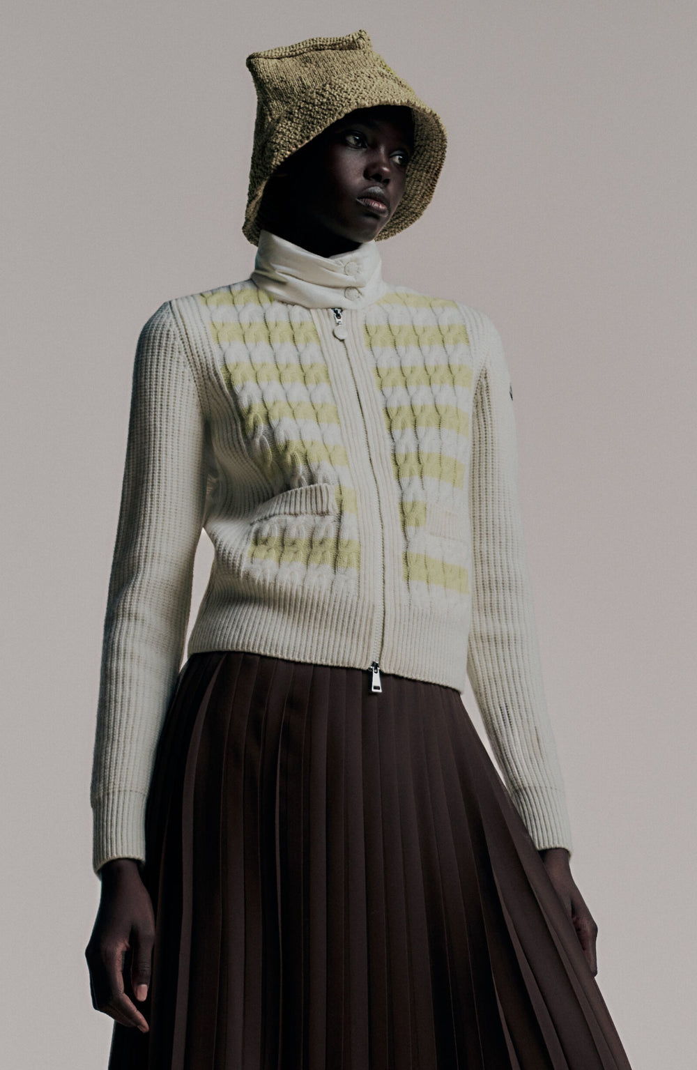 MC Padded Striped Wool Zip Up Cardigan (Partially Down-filled)