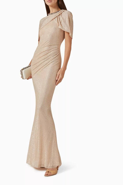 SP Green & Champagne Rhinestone-embellished Draped Sleeve Maxi Dress
