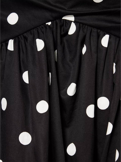 SP Black Polka Dot V-Neck Off Shoulder Cotton-Blend Mini Dress