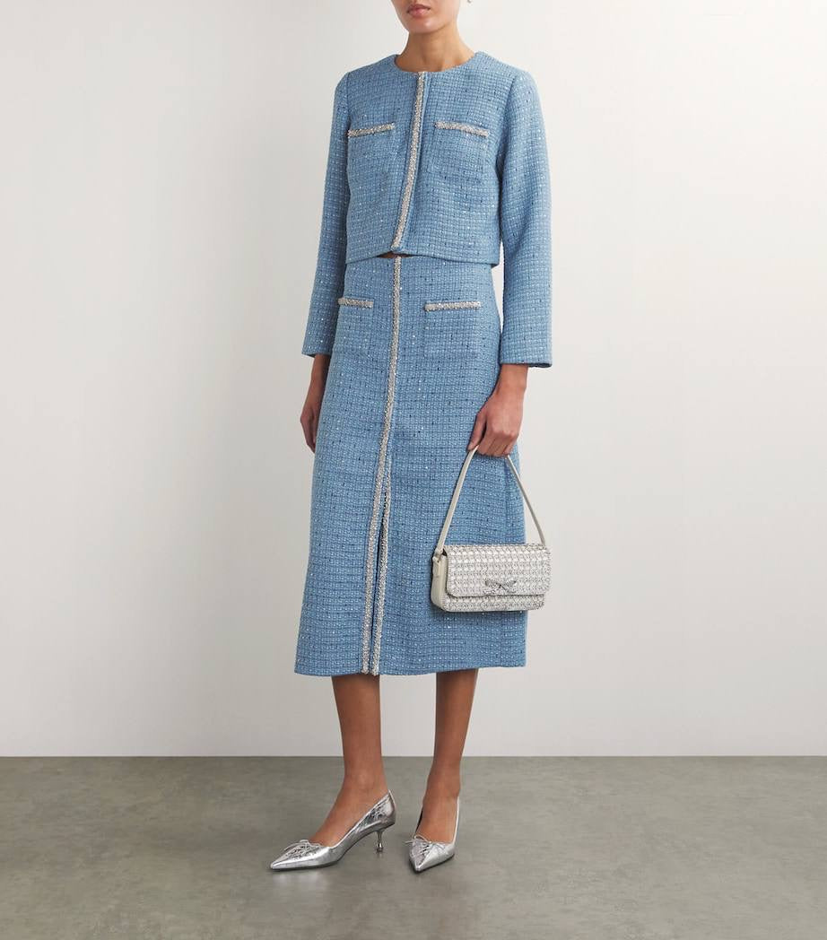 MJ Vilya Blue Cropped Embellished Tweed Jacket Blazer