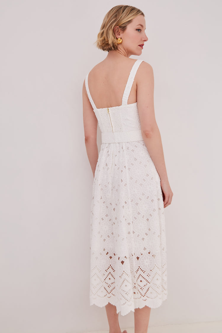 CC Calypso Bustier Belted Midi Dress in Floral Linen | Trellis Eyelet White Cotton