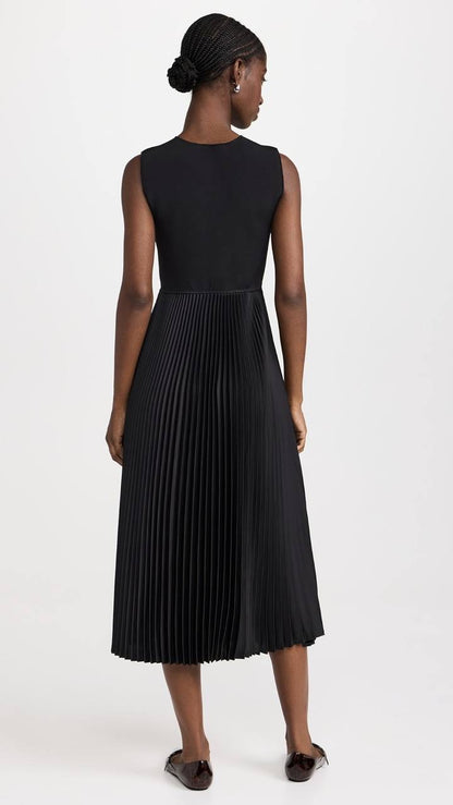 TH Combo Satin Pleated Midi Dress in Black