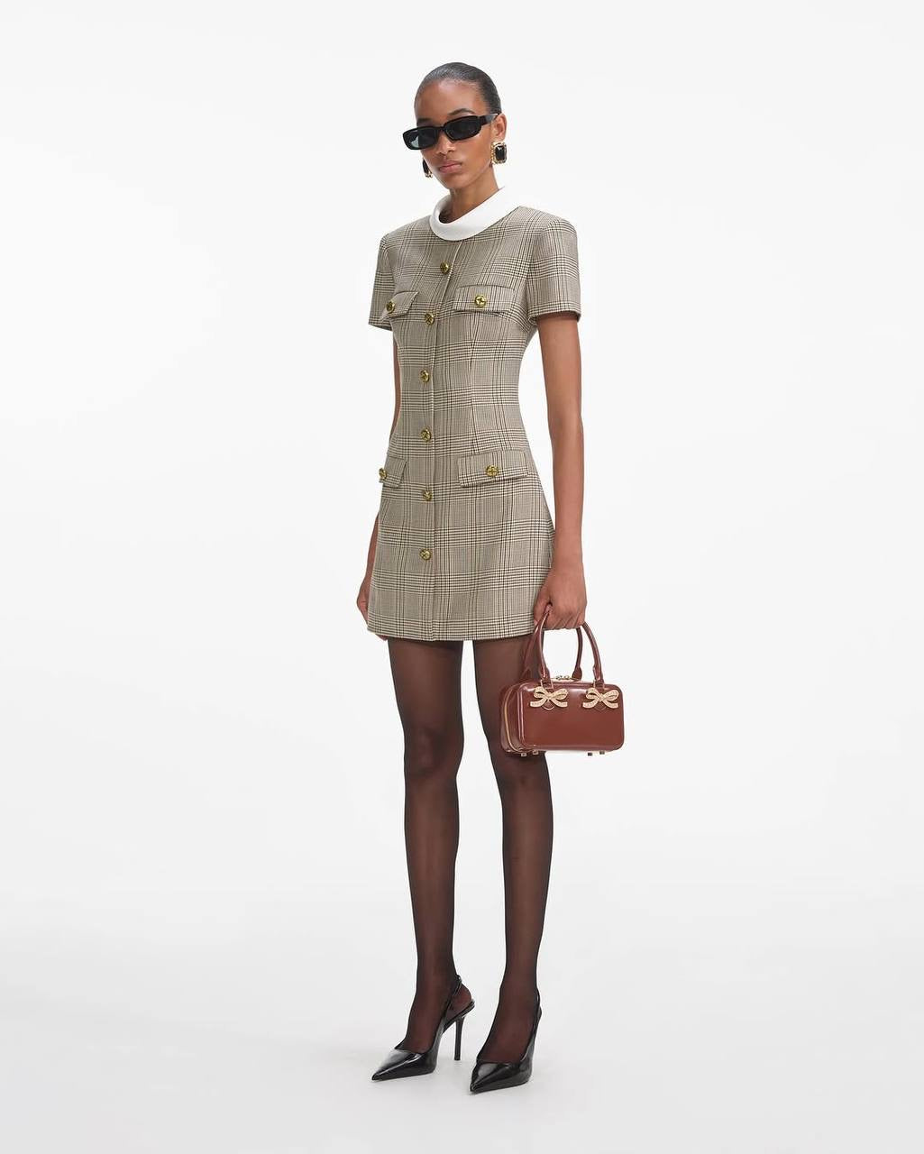 SP Check Wool Short-sleeved Mock neck Mini Dress