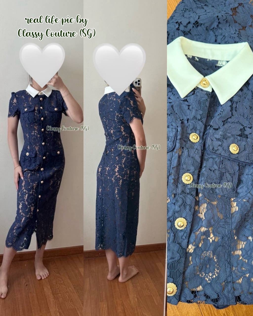 SP Navy Blue Lace Contrast Collar Midi Dress