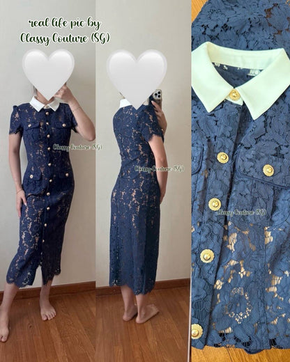 SP Navy Blue Lace Contrast Collar Midi Dress