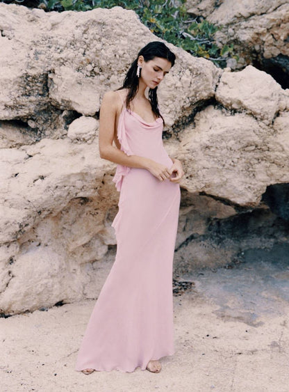 SP Pink Georgette Ruffled One-Shoulder Maxi Dress