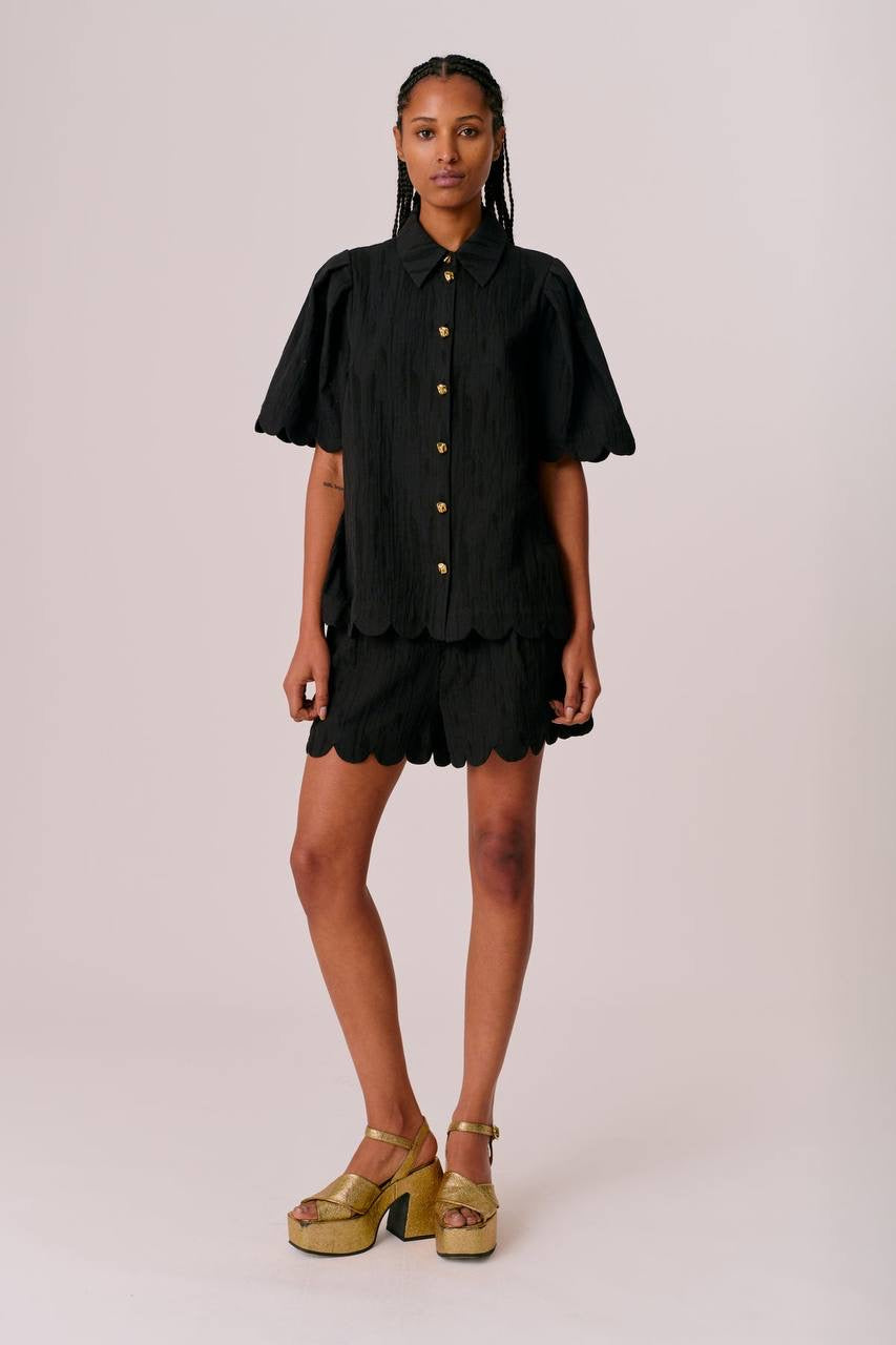 HFM Marabelle Shirt | Petra Shorts | Yara Cami Strap Top | Cotton-Linen Black Scallop-detail Set