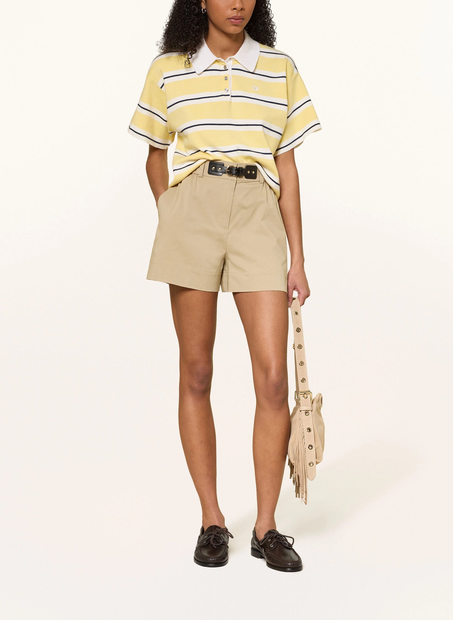 MJ Tipolay Pink/Brown Striped Polo Cotton Cropped Sweatshirt Top | Ipiuma Belted Cotton-blend Camel Shorts | Set