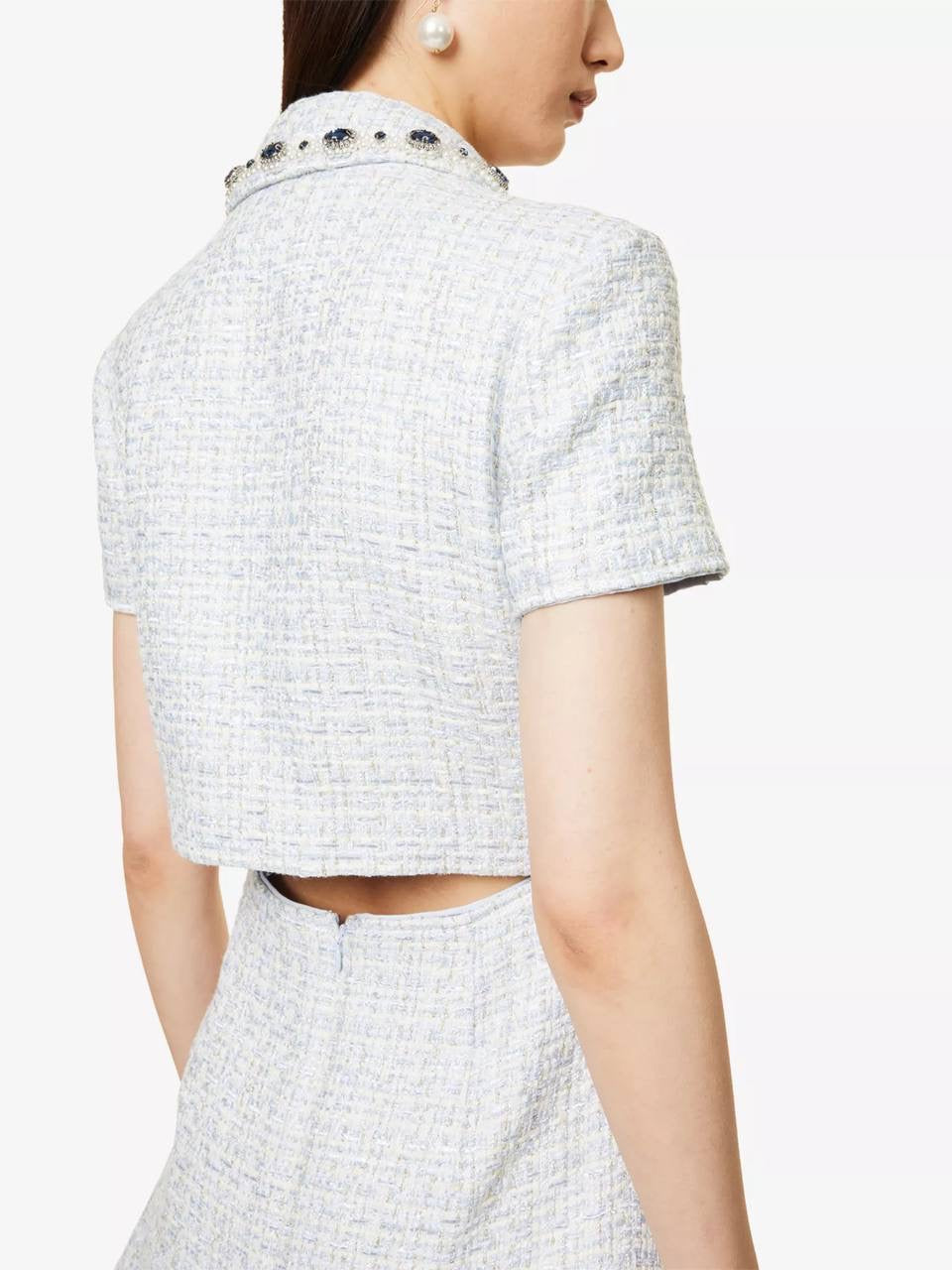 SP Diamante-trim Blue Boucle Pleated Skirt Mini Dress