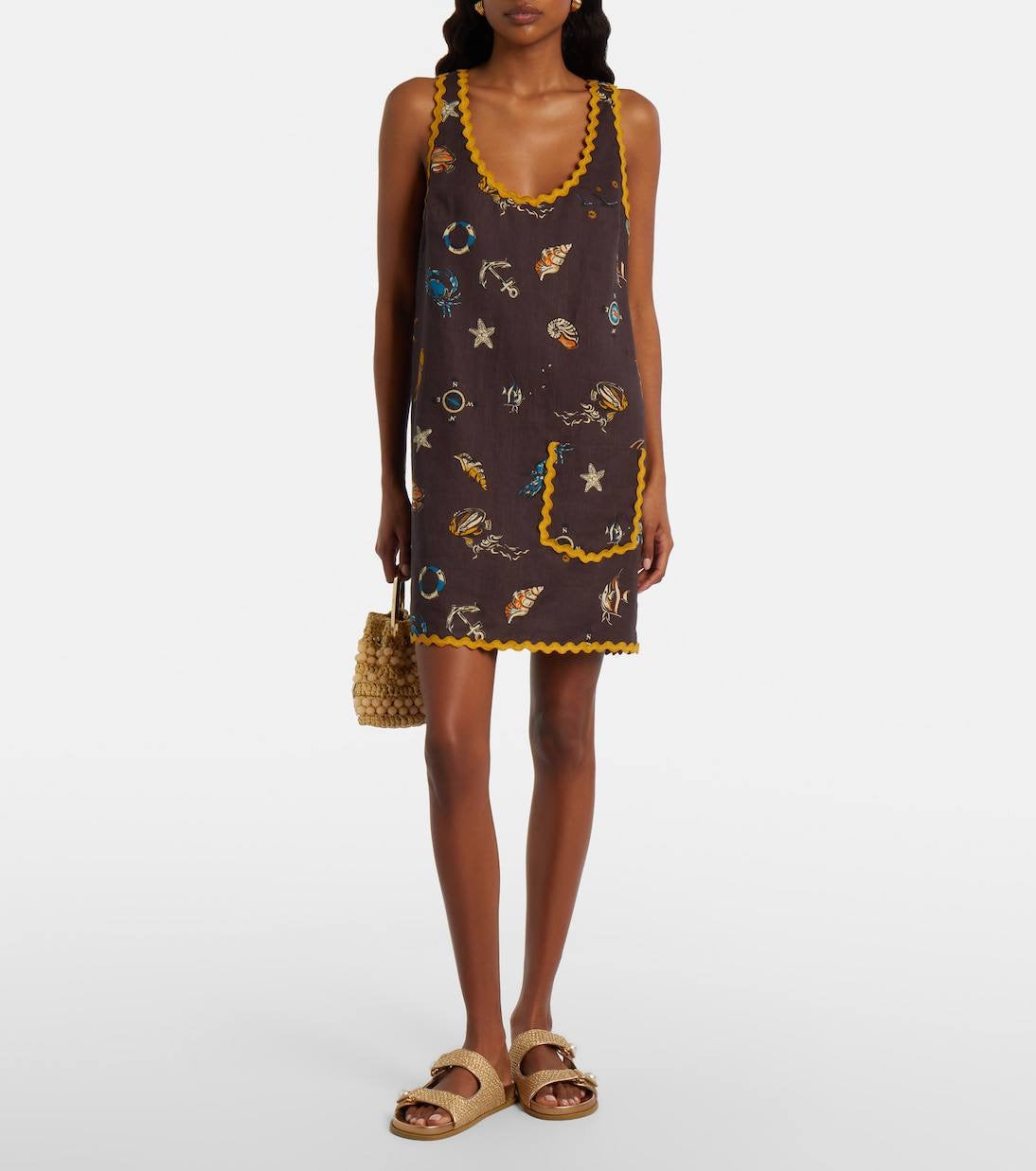 ALM Printed Scalloped Linen Mini Dress