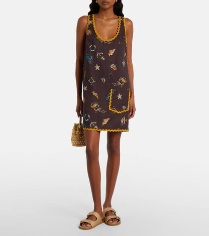 ALM Printed Scalloped Linen Mini Dress