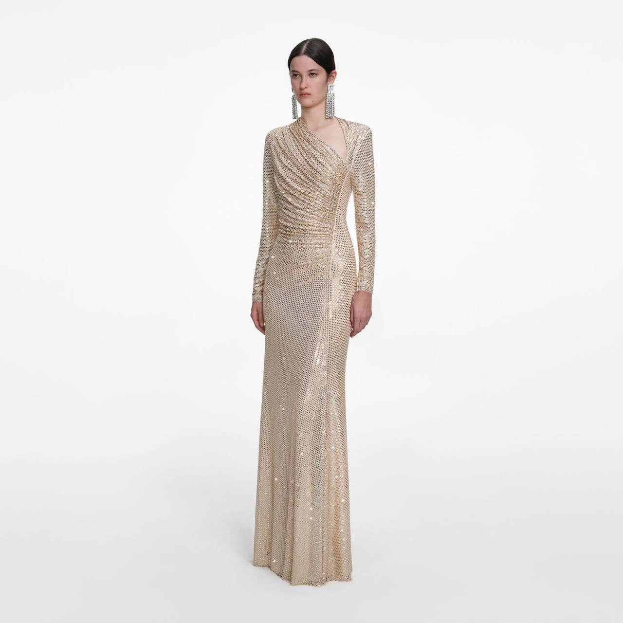 SP Champagne Rhinestone Drape Maxi Dress
