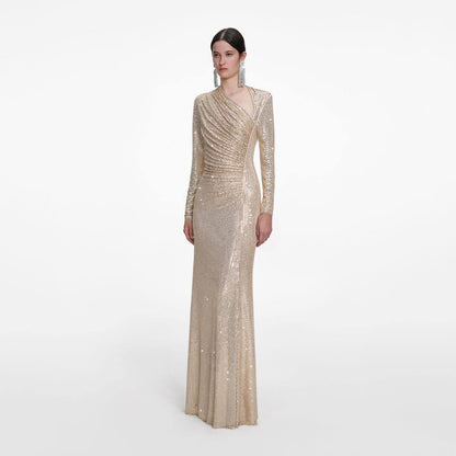 SP Champagne Rhinestone Drape Maxi Dress