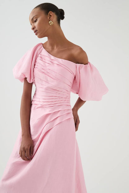 AJ Cadence Viscose-Linen Ruched Midi Dress