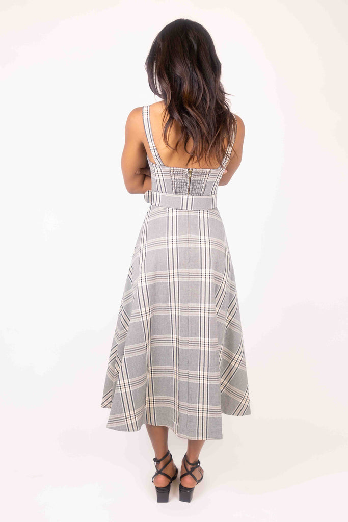 3 Colors! CC Calypso Bustier Belted Midi Dress in Floral Linen | Wool-blend Pinstripe | Plaid Check