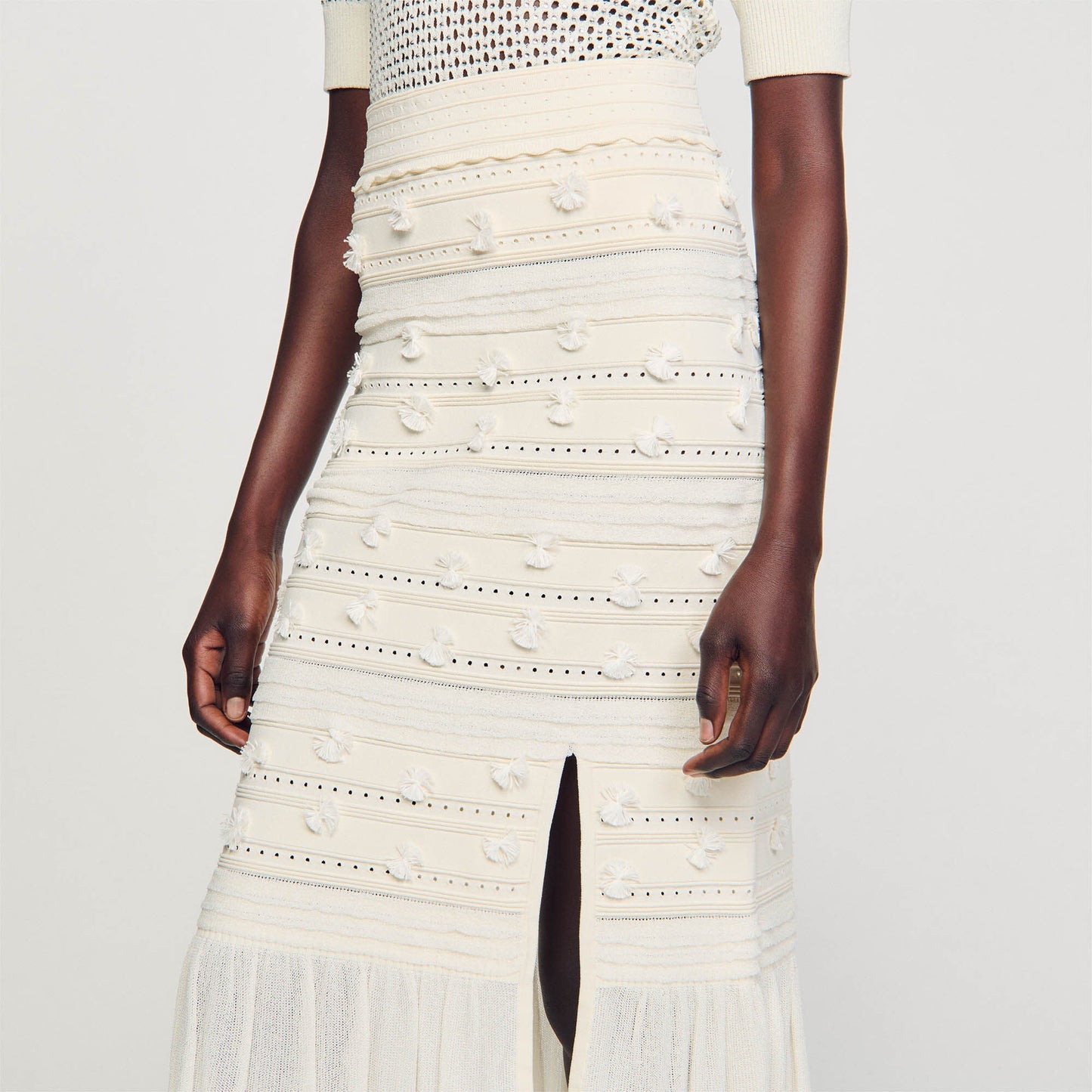 SD Iman Knit Crop Top | Imanie Openwork Knit Midi Skirt | Tassel Appliqué Set