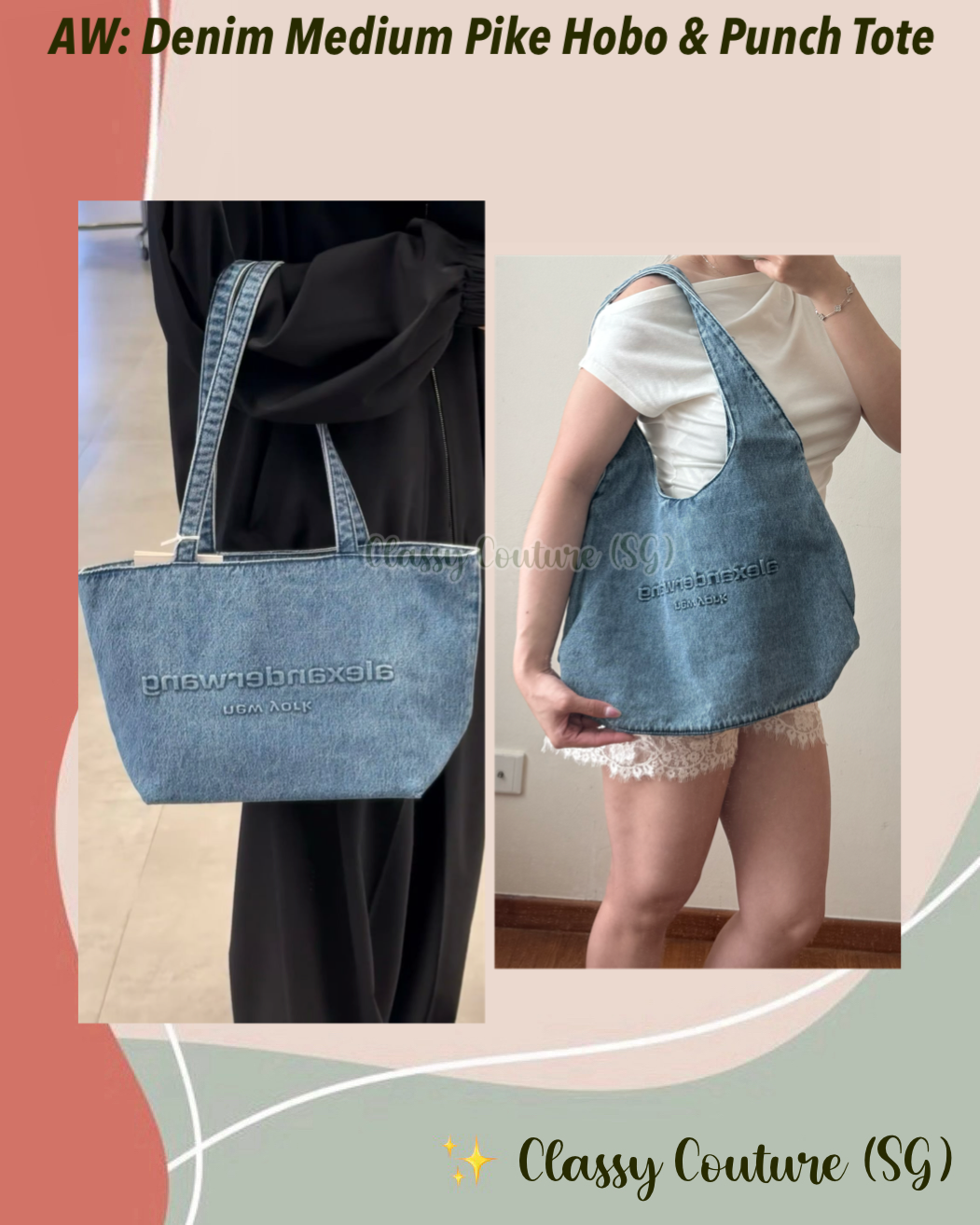 AW Denim Medium Cotton Shoulder Bag in Pike Hobo & Punch Tote